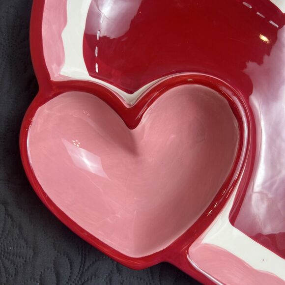Valentine Red & Pink Large Double Hearts Ceramic Chip 'n Dip Tray Bowl 14" 2006 - Picture 3 of 7